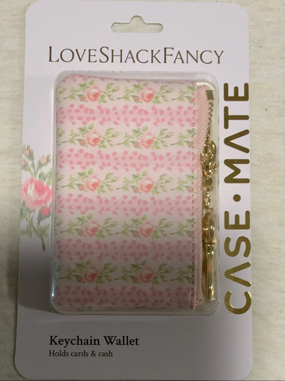 LoveShackFancy Pink Floral Keychain Card Holder with Gold Hardware